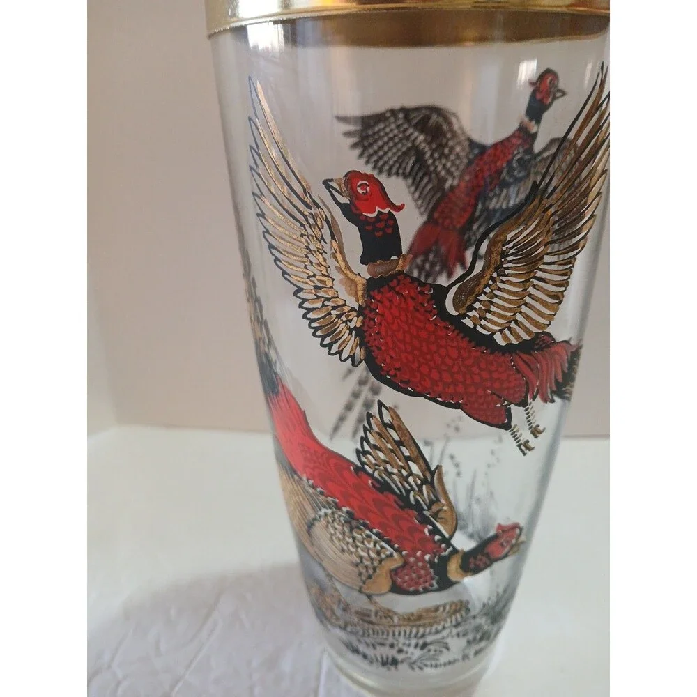 Vintage PHEASANTS HUNTING CLEAR GLASS COCKTAIL SHAKER 1960s Chrome Lid